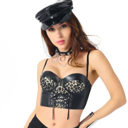 Women Corset Crop Top Gothic Black Leopard Faux Leather Push Up Overbust Corset Bustier Bra with Straps Fashion Streetwear
