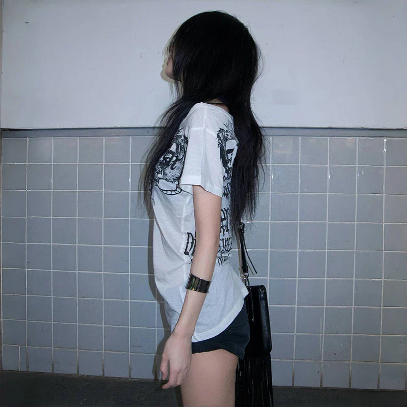 Japanese Y2k Letter Print T-shirt Trashy 2000s Style Tattoo T Shirt Vintage Harajuku Short Sleeve Sheer Tops Grunge Goth