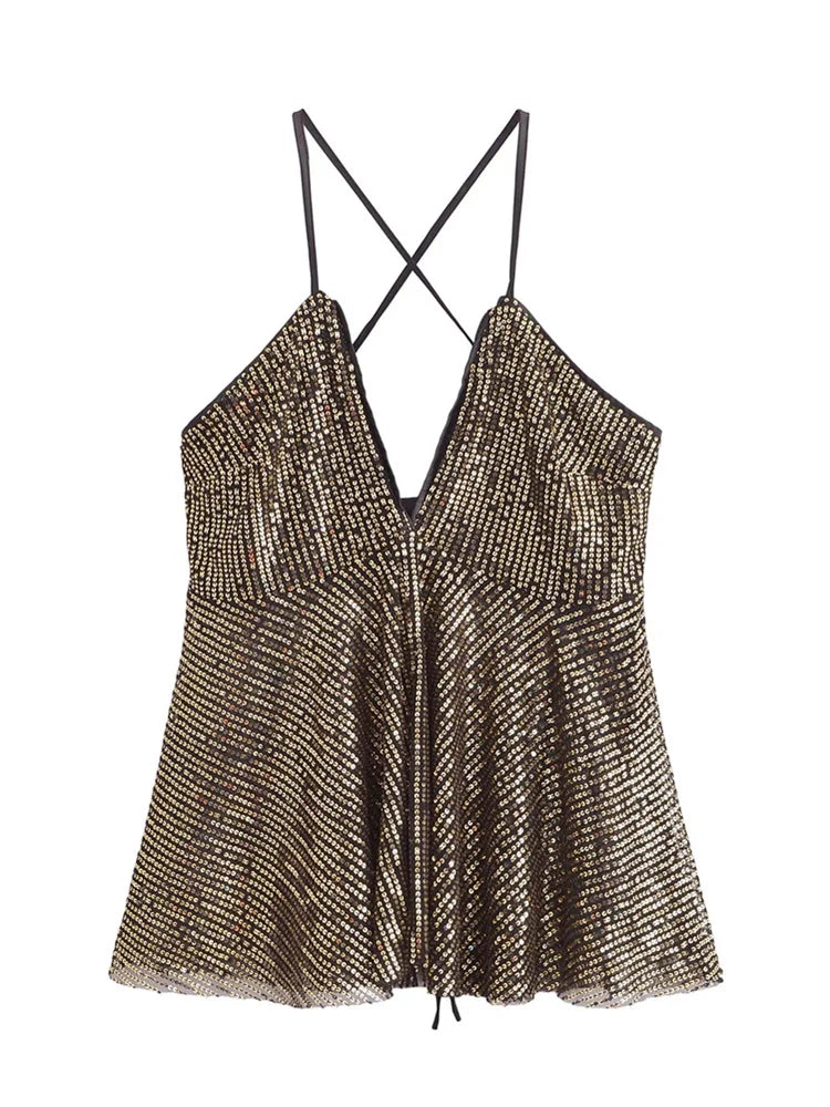 2025 Women Chic Deep V Neck Sequined Design Sling Camis Tank Lady Backless Cross Sexy Shirt Blouse Tops LS7381