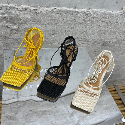 2025 Summer Sexy Mesh Pumps Sandals Female Square Toe High Heel Lace Up Cross-Tied Stiletto Hollow Dress Party Shoes