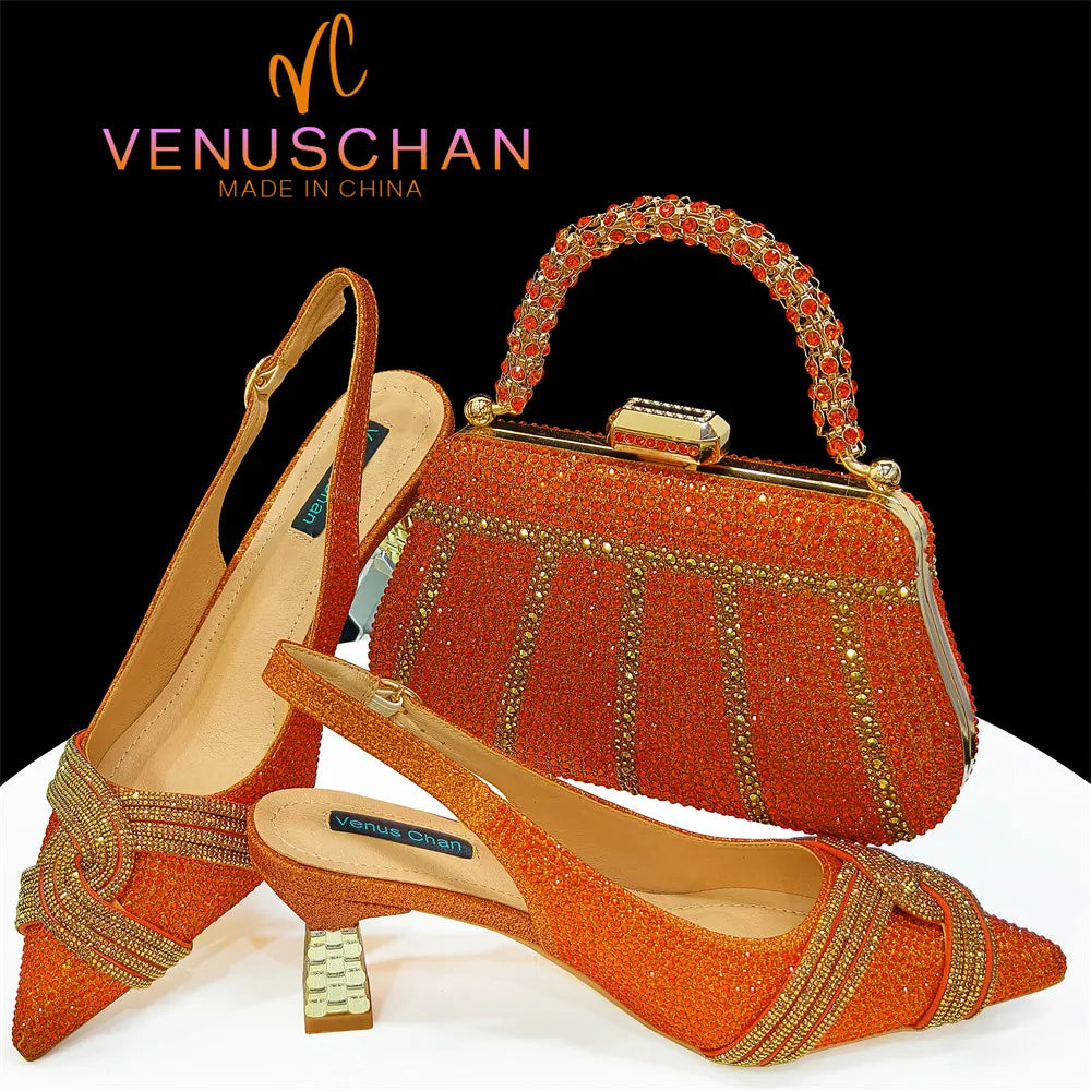Special Design High Quality Orange Color African Women Shoes and Bag Set with Shinning Crystal for Wedding Party