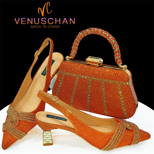 Special Design High Quality Orange Color African Women Shoes and Bag Set with Shinning Crystal for Wedding Party