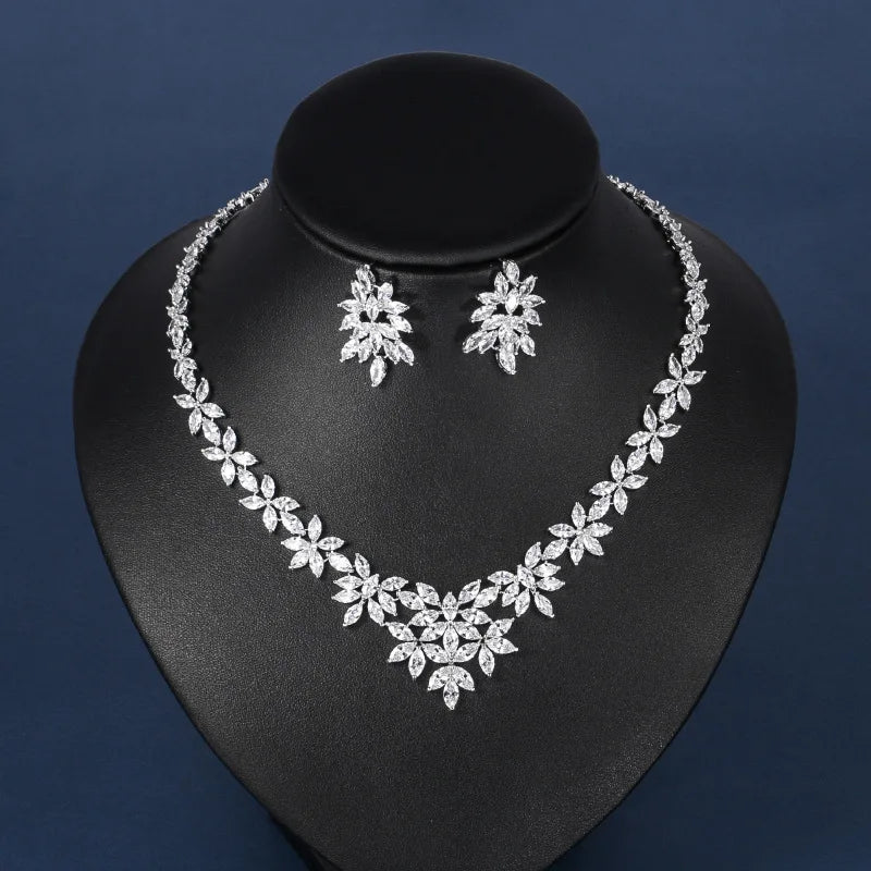 Brand Luxury Marquise Cut Cubic Zirconia Cluster Wedding Necklace and Earring Bridal Jewelry Set