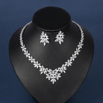 Brand Luxury Marquise Cut Cubic Zirconia Cluster Wedding Necklace and Earring Bridal Jewelry Set