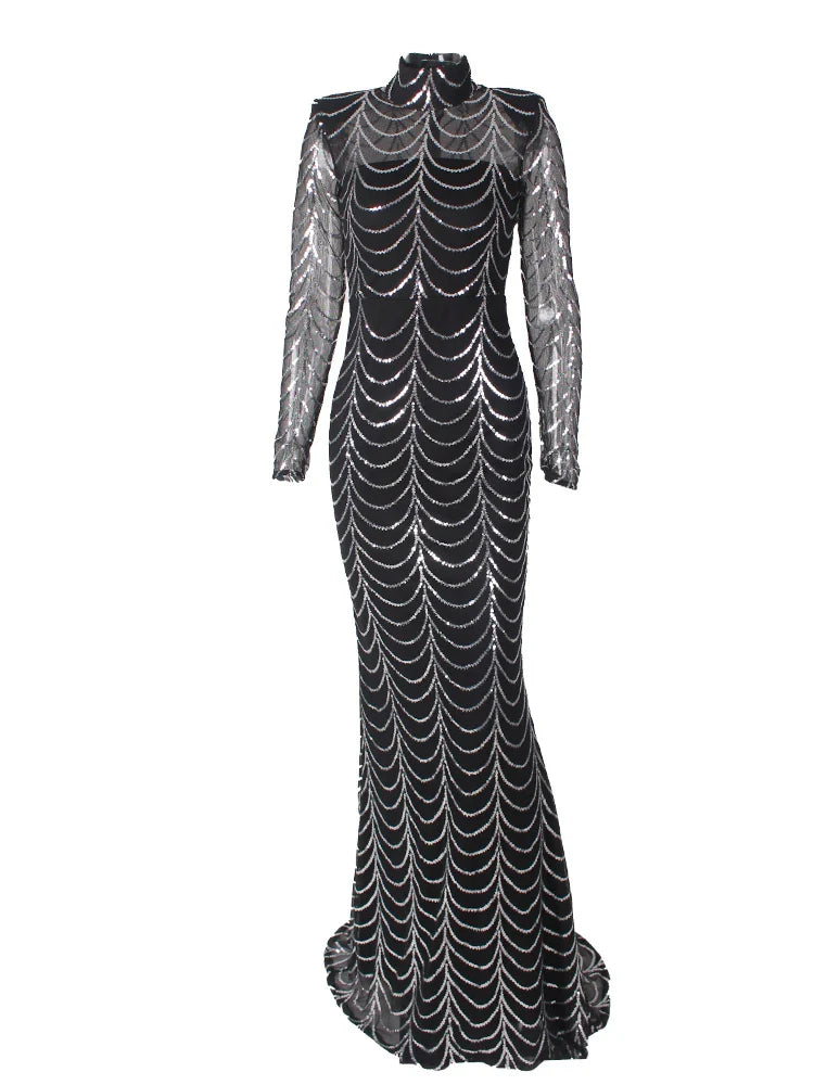 Vestido Formal Longo de Festa com Lantejoulas, Manga Comprida, Gola O Alta, Ombreiras, Forro Comprido, Vestido de Noite para Festa