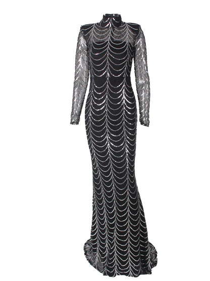 Vestido Formal Longo de Festa com Lantejoulas, Manga Comprida, Gola O Alta, Ombreiras, Forro Comprido, Vestido de Noite para Festa