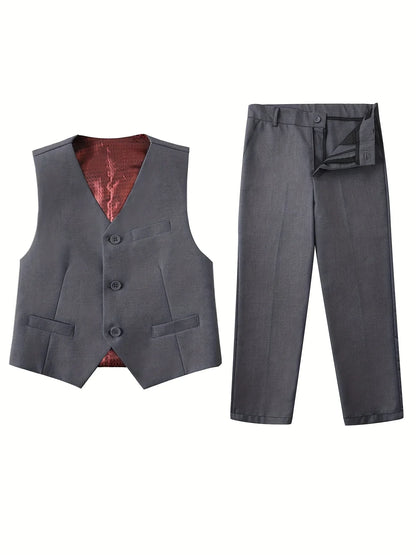 4pcs/set Boys' Suit Set With Pants, Vest, Shirt And Tie School Uniforms