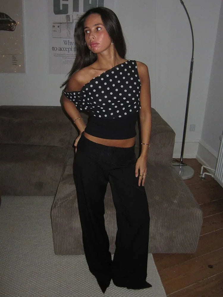 Puss Polka Dots Print T-Shirts Women Summer Trend Skew Collar Off Shoulder Backless Street Fashion Trend Ruched Crop Tops