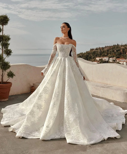 Customized Lace Wedding Dress Long Sleeve Estilo Princesa Elegantes White Bespoke Vestido Abiti Da Sposa Noiva Vestido de novia