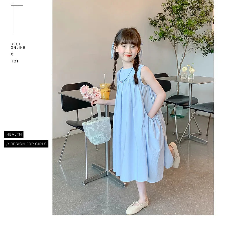 Summer Junior Girl Sleeveless Dress Solid Side Big Pockets Blue Ruched Dress For 2-10Y Girls Casual Round Collar Baby Girl Dress