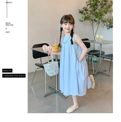 Summer Junior Girl Sleeveless Dress Solid Side Big Pockets Blue Ruched Dress For 2-10Y Girls Casual Round Collar Baby Girl Dress