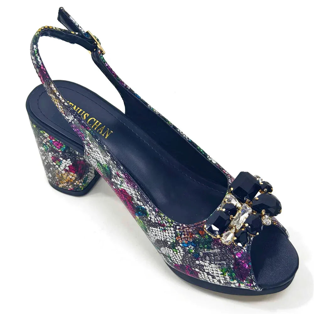 Elegant Women Heels for Peep Toe Good Material Design Rhinestone Yellow Sandals Italian Shoes and Bags Matching Set 2024