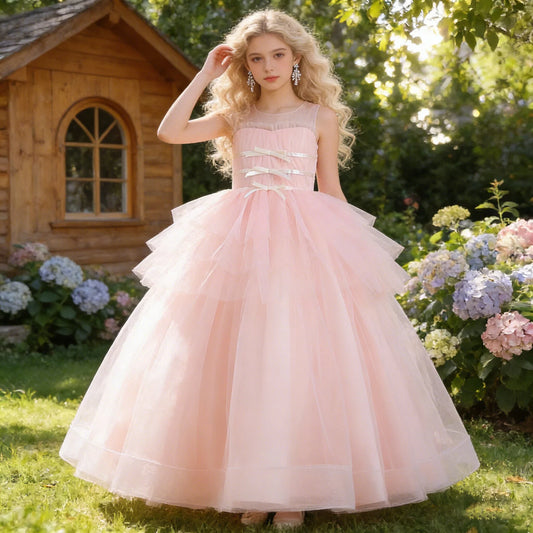 Summer Baptism Bridesmaid Girls Party Dresses Elegant Tulle Wedding Prom Gown Girl Bow Princess Birthday Dress Christmas Costume