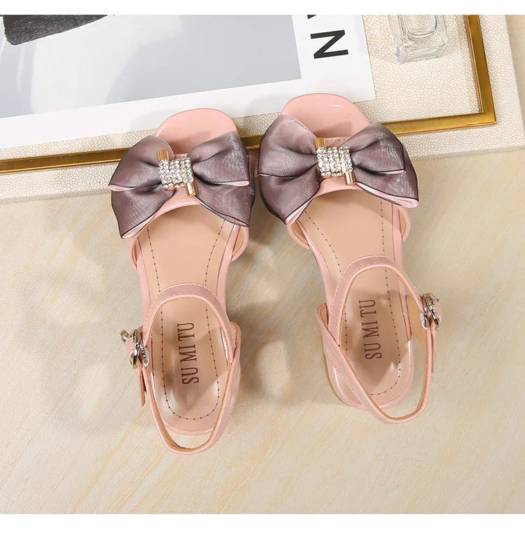 Girls Princess Sandals Summer Kids Low Heels Fashion Party Dress Beach Shoes Outdoor Causal Sandals Children Soft Sole with Bow