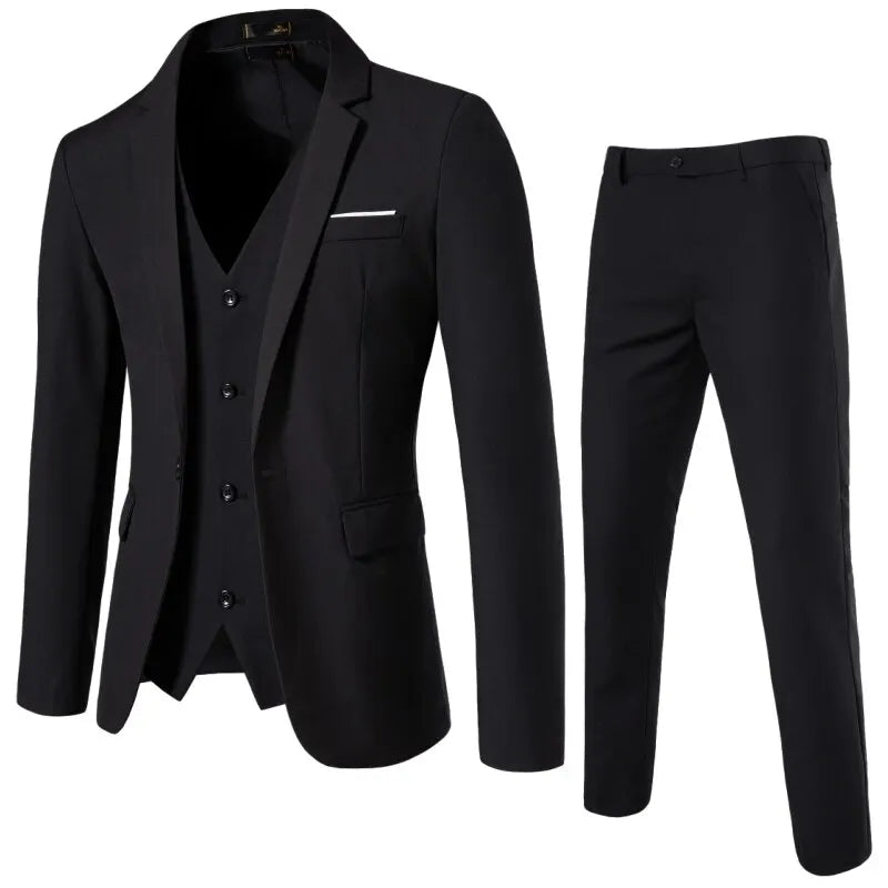 Suit Men's (Blazer+ Vest + Trousers) Fashionable Business Solid-color Wedding British-style Workwear, Casual Performance Suit