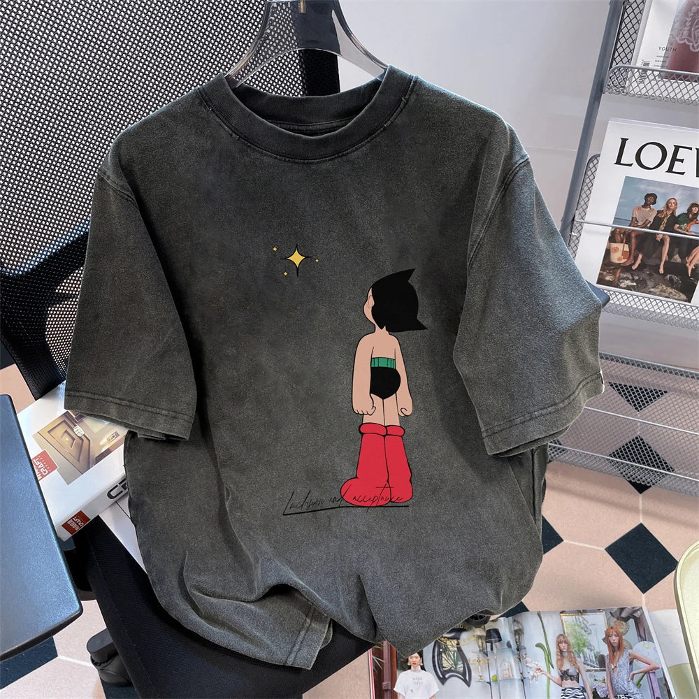 Washed Cartoon Short-Sleeved Tees Men's Women's T-Shirt American Streetwear Vintage Washed Cotton Tops Super Popular