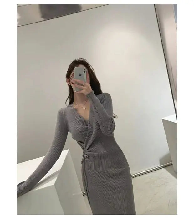 V-ne Knitted Wrap Waist Slimming Mid-length A-line Dr Women's Sweater Dr Korean Sle High Waist Long Sve