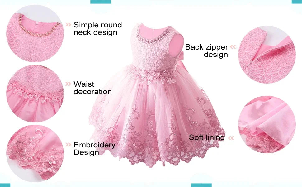 Baby Lace Wedding Dress Flower Girl Sleeveless Pearl Princess Dresses Infant 1st Birthday Party Costume Summer Kids Formal Gown
