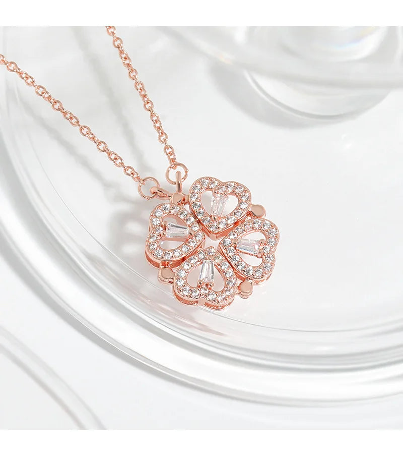 Transform Luxury Four Leaf Clover Pendant Necklace  Stainless Steel Crystal Gold Color Heart Jewelry for Women Gift