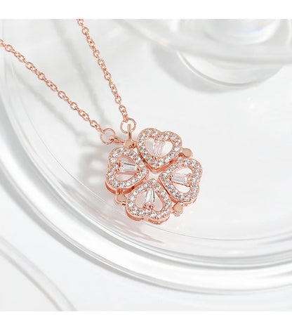 Transform Luxury Four Leaf Clover Pendant Necklace  Stainless Steel Crystal Gold Color Heart Jewelry for Women Gift