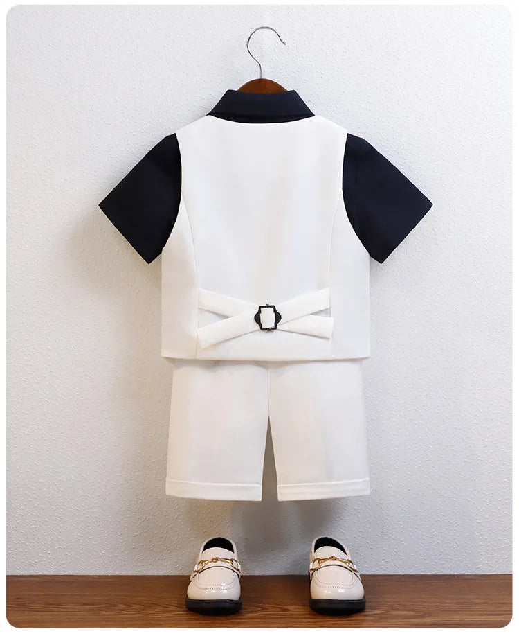 Children Boy Summer Cool Green Suit Kids Boys Vest Shirt Shorts Bowtie Ceremony Costume Formal Boys Breathable Slim Wedding Suit