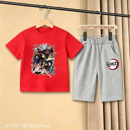 Demon Slayer Ghost Blade Character Print Kids T-Shirt Casual Shorts Anime Comic Design Summer Comfortable Daily Wear Outfit Set