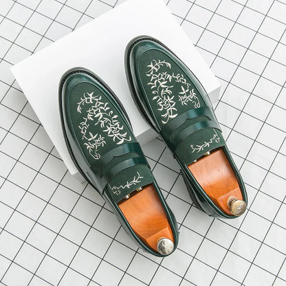 Green Embroidered Man Formal Shoes Autumn Men's Loafers Shoes High Quality Casual Leather Shoes for Men chaussure hommes cuir