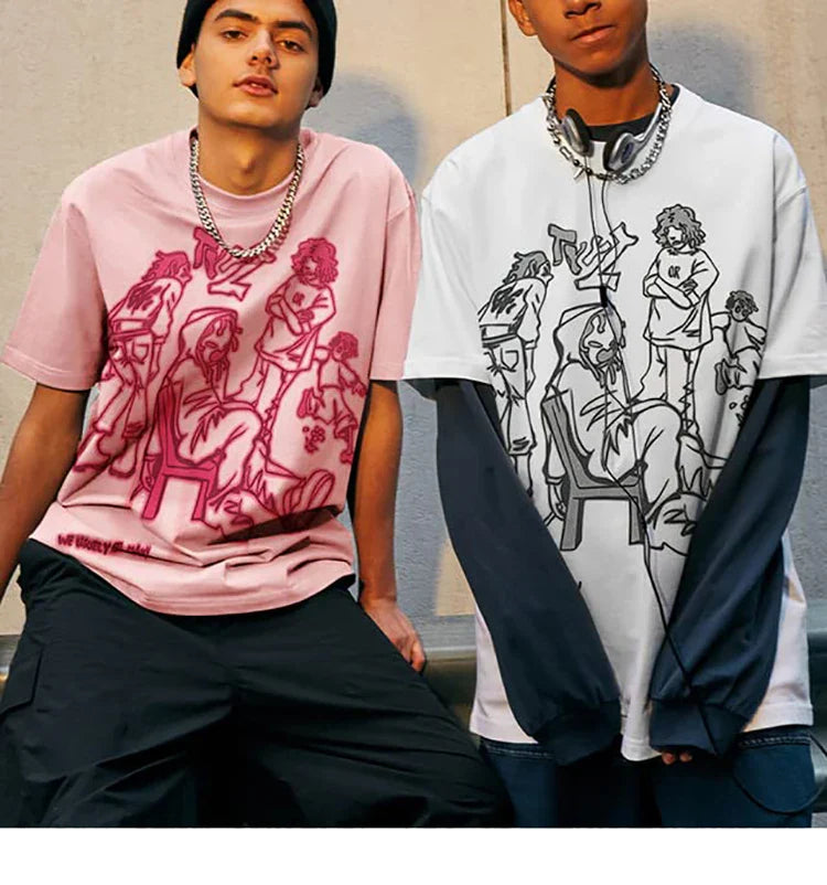 Harajuku Cartoon Girl Cat Japanese Kanji Graphic T Shirt Streetwear Men T-Shirt Summer Short Sleeve Tshirt Tops Tees Unisex