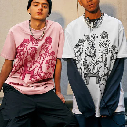 Harajuku Cartoon Girl Cat Japanese Kanji Graphic T Shirt Streetwear Men T-Shirt Summer Short Sleeve Tshirt Tops Tees Unisex