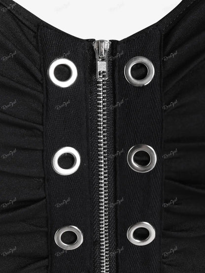 Plus Size Gothic Full Zipper Grommets Camis Tops Buckle Strap Plaid Vest Women Summer Sweetheart Neck Empire Waist Tanks