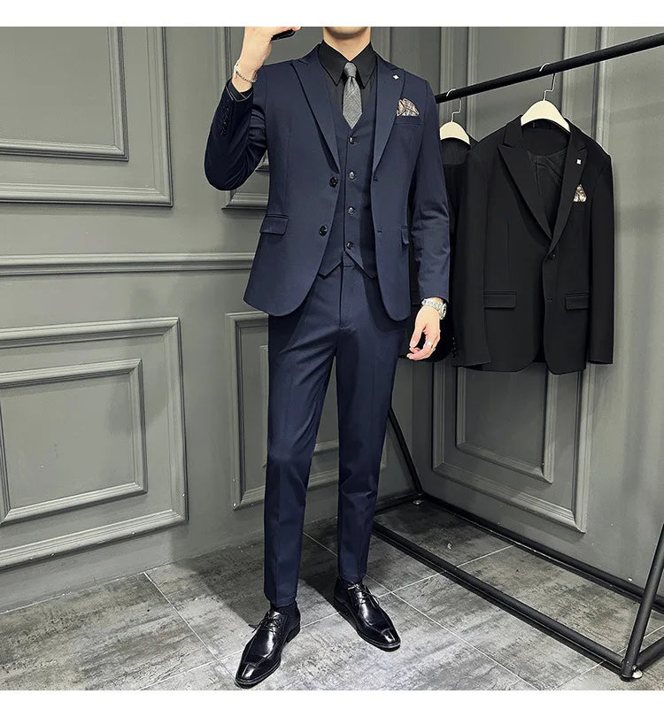 Slim Fit Men's Three Piece Suit Thin Single Button Notch Lapel Casual Fashion Cotton Blend Spring Autumn Wear for Youth
