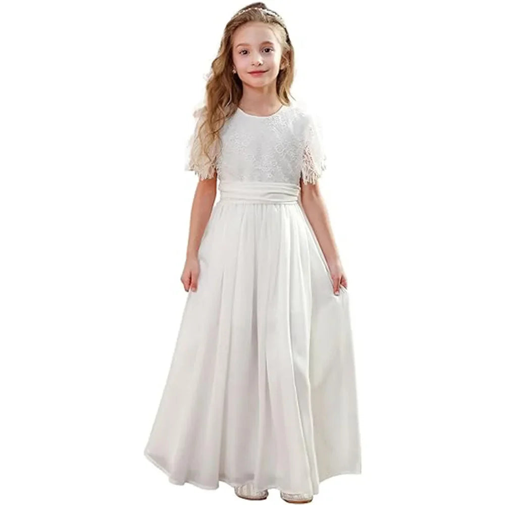Vestidos de Festa de Casamento em Renda Chiffon Vintage para Meninas com Mangas Bufantes e Linha A, Daminha de Honra