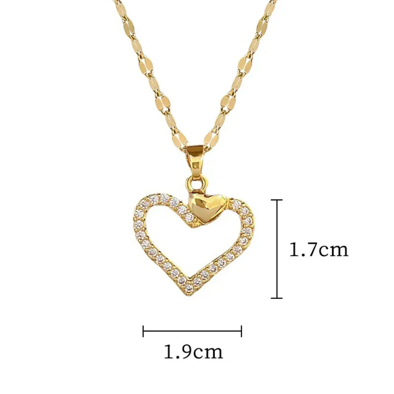 Trendy Heart Stainless Steel Zirconia Necklaces For Women Girls Love Gold Color Metal Necklace Party Birthday Daily Jewelry