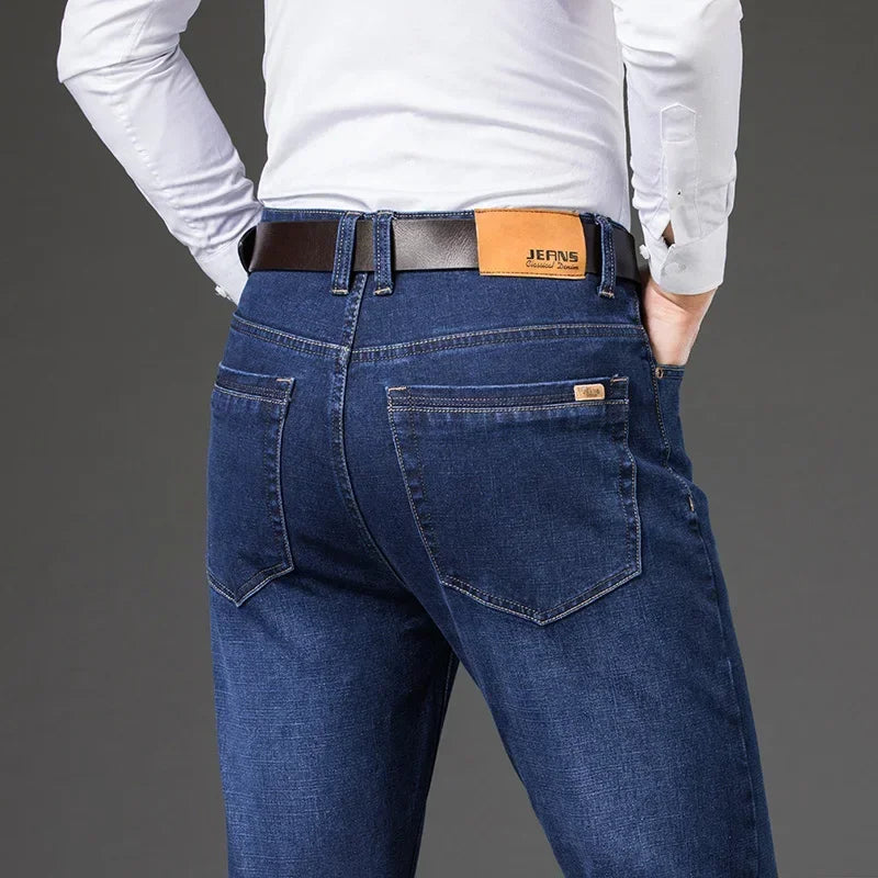 Tamanhos Grandes 40 42 44 46 2025 Nova Calça Casual Social Elástica Calça Jeans Azul Clássico Masculina Calça Jeans Solta Reta Masculina