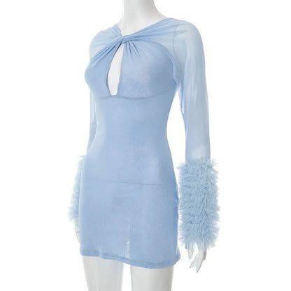 2025 Autumn Furry Patchwork Dress Women See Through Full Sleeve Sexy Hollow Cross Elegant Luxury Banquet Birthday Party Clubwear