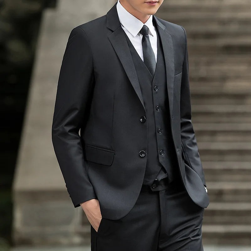 Man Three-piece Sets Fashion Turn Down Collar Coat+Single-breasted Vest+Pant Male Outfit Solid Color Business Wedding Men Suit
