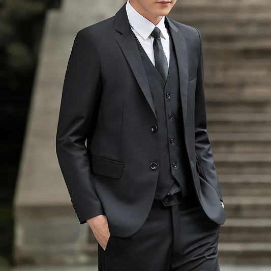 Man Three-piece Sets Fashion Turn Down Collar Coat+Single-breasted Vest+Pant Male Outfit Solid Color Business Wedding Men Suit