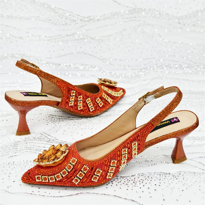 High Heel for Lady 2025 Luxury Designer Orange Color Full Diamond Pointed Toe Wedding Shoe and Bag Set for Party