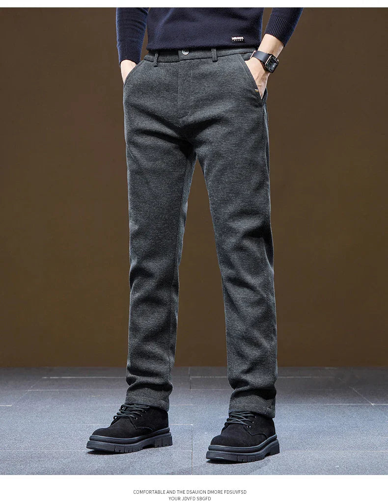 Men's Winter Casual Pants Thick Fleece Warm Elastic Waist Straight Slim Trousers Light Business Comfort Daily Wear Thermal Pants