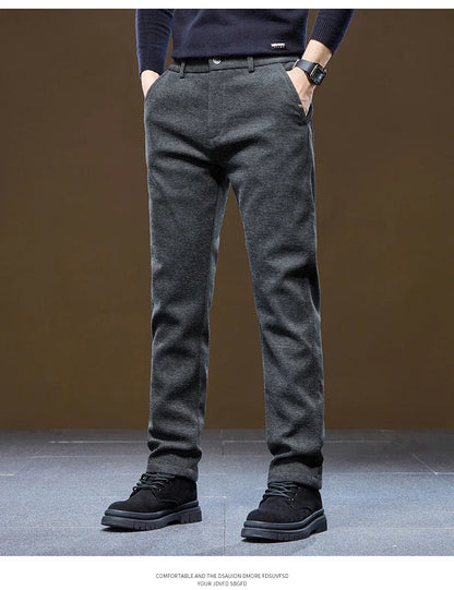Men's Winter Casual Pants Thick Fleece Warm Elastic Waist Straight Slim Trousers Light Business Comfort Daily Wear Thermal Pants