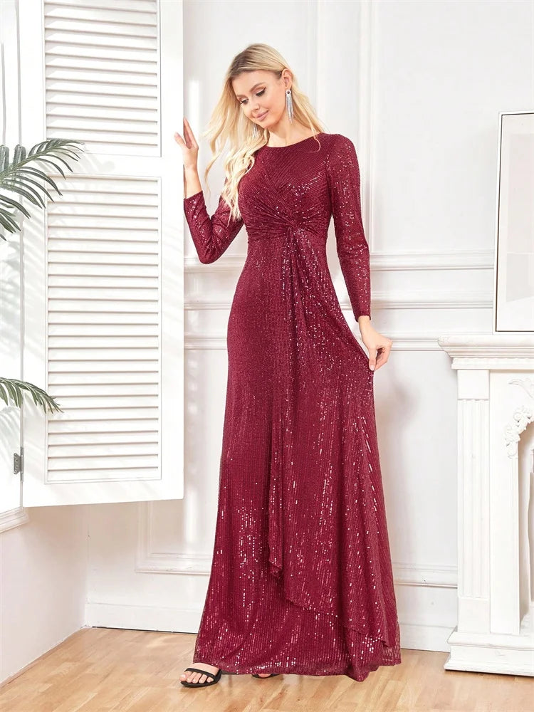 Elegant Long Sleeve O-Neck Red Sequins Evening Dress Luxury 2024 Women Wedding Party Prom Cocktail Dress Graduation Gowns