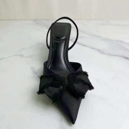 2025 Summer Women Slingback Shoes Black Bow Decoration Pointed Toe High Heels Formal Business Stiletto Female Party Sandals