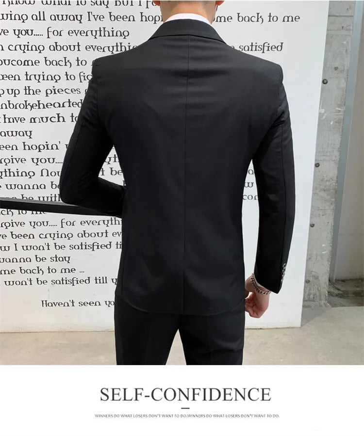 Solid Color Suit Men's Fashionable Gentleman Business Banquet Korean-style Formal Dress Casual Wedding (Blazer+Vest+Trousers)