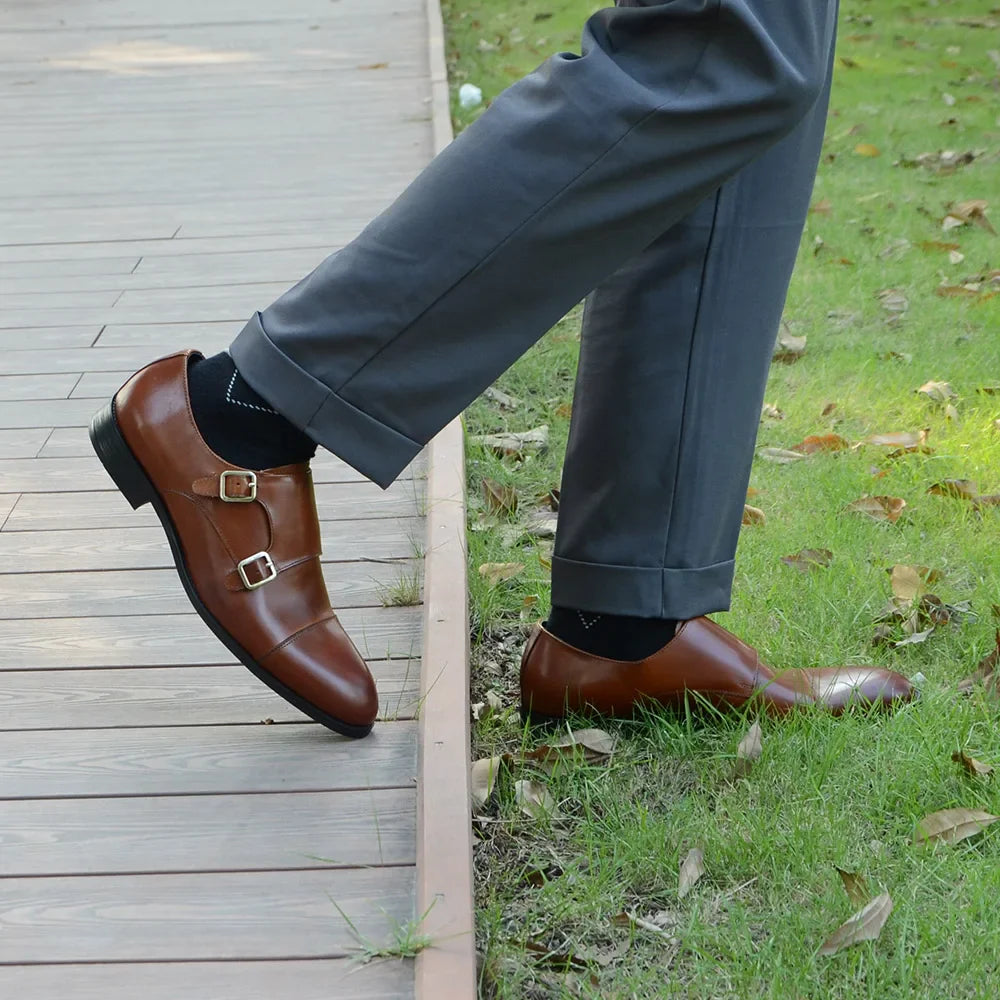 Luxury Men's Wedding Formal Shoes Genuine Leather Pure Brown Black Double Buckle Monk Strap Cap Toe Business Office Dress Shoes