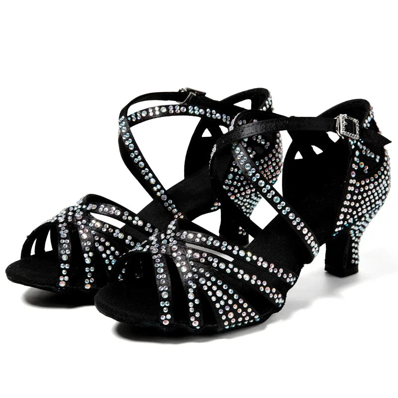 Women Latin Dance Shoes Latin Salsa Girl Dancing Shoes Black Shiny Ballroom Dance Shoes For Girls Ladies