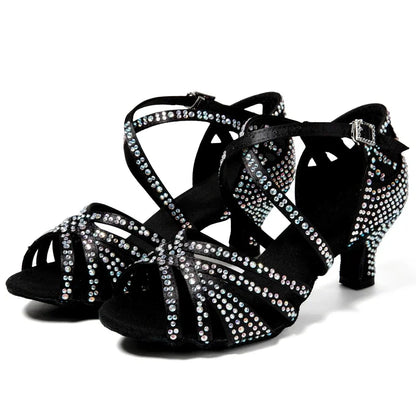Women Latin Dance Shoes Latin Salsa Girl Dancing Shoes Black Shiny Ballroom Dance Shoes For Girls Ladies