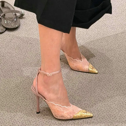 Fashion Lace Sequin Hollow Out Mesh Women Pumps Sexy Pointed Toe Designer Low Heels Slingback Sandals Ladies Shoes