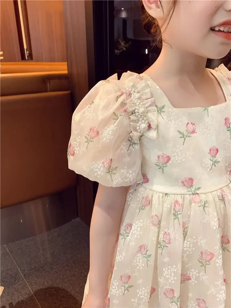 1-8 Years Old Summer Full Print Rose Flower Lace Girls Dress Big Bow Pearl decoration Princess Party Dress For Kids