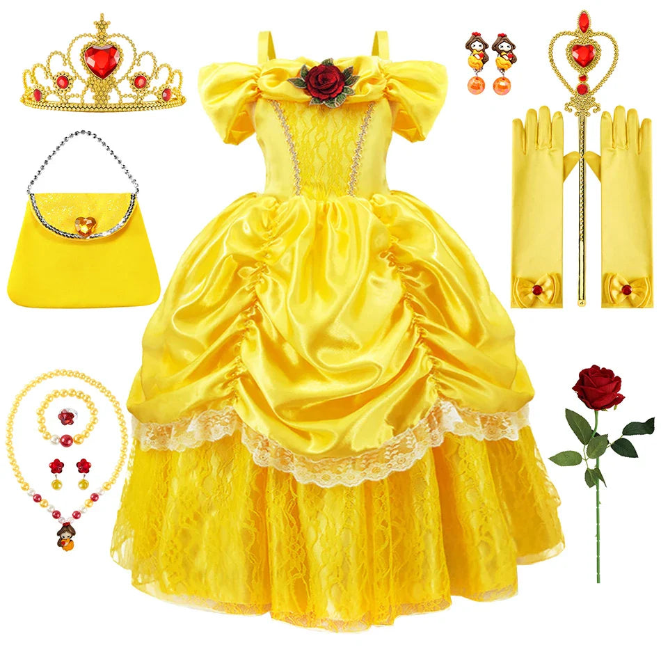 Girls Belle Cosplay Princess Dress Children Beauty Beast Clothes Birthday Carnival Christmas Party Costume Kids Ball Gown 2-11T
