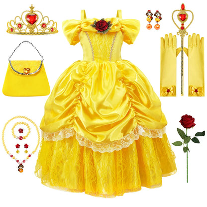 Girls Belle Cosplay Princess Dress Children Beauty Beast Clothes Birthday Carnival Christmas Party Costume Kids Ball Gown 2-11T